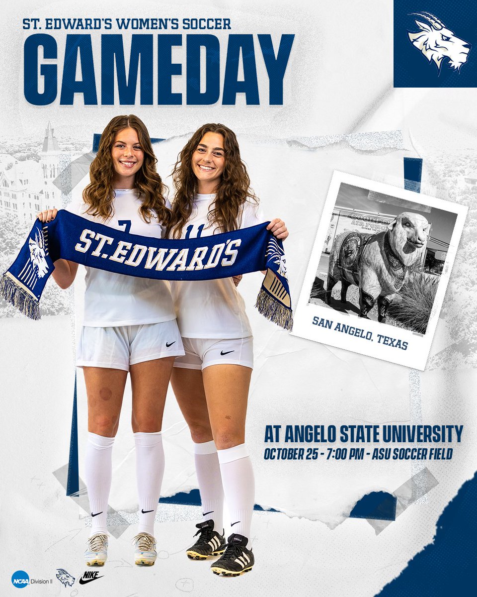 #GAMEDAY | <a href="/SEUWSoccer/">St. Edward's Women's Soccer</a> 
🆚 <a href="/angeloathletics/">Angelo State Athletics</a> 
📍 San Angelo, Texas
⏰ 7:00 PM
📊 bit.ly/3DwXlrN
📺 bit.ly/3f8beD5