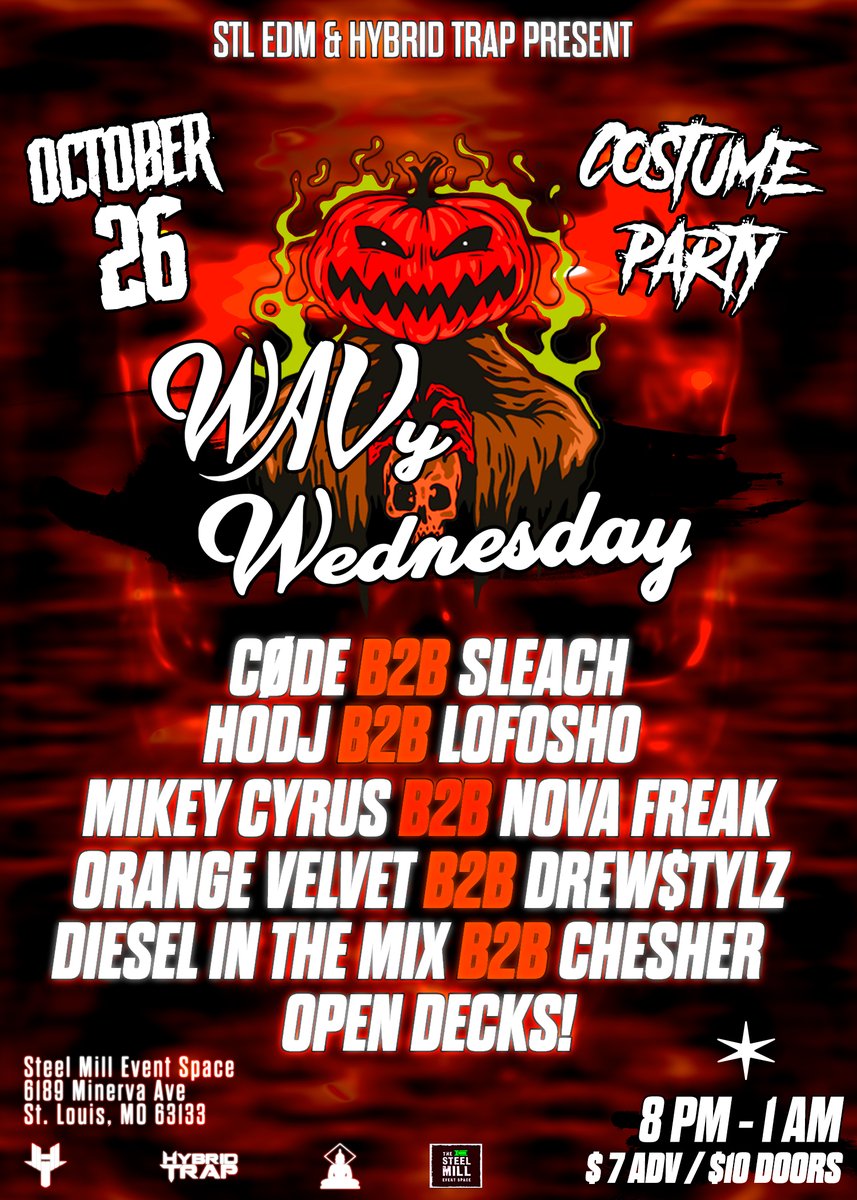 HybridTrap's tweet photo. This week's WAVy Wednesday Lineup! 6189 Minerva Ave St. Louis, MO See You There! 🧟🌊
#wavy #wednesday #stlouis #stl #stledm #saintlouis #stlmo #missouri #edmlifestyle #iheartraves #rave #raver #raves #dj #djing #show #concert #eventbrite #dubstep #halloween @HODJmusic https://t.co/rwP7wh7kaz