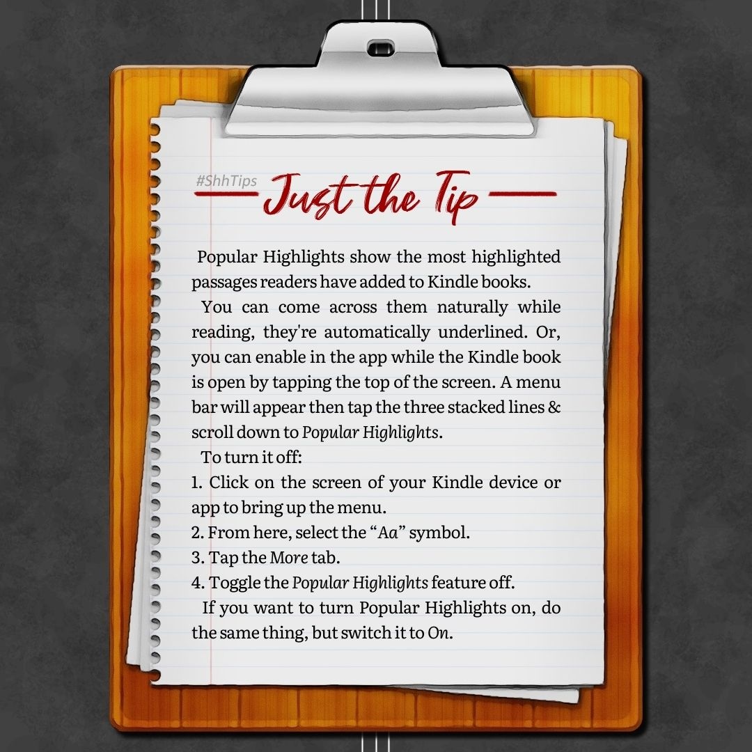 Shh_group's tweet photo. #ShhTips #ReadingTips
It is up to you if you want to use Kindle Popular Highlights. You may enjoy seeing what passages others have highlighted from the book or on the contrary, you want to discover the book by yourself. https://t.co/qX7216JEnZ