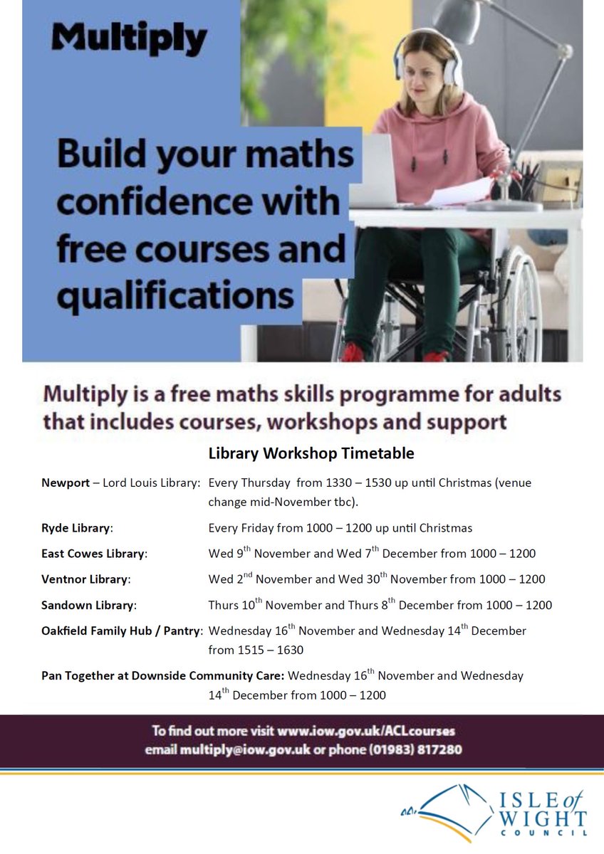 LordLouisLib's tweet photo. Need help with maths or just want to brush up your everyday numeracy?
Multiply is a new government-funded programme to help adults improve their maths skills with free courses.
You can find out more information by contacting @adultlearningIW https://t.co/IiBSG2u9CF