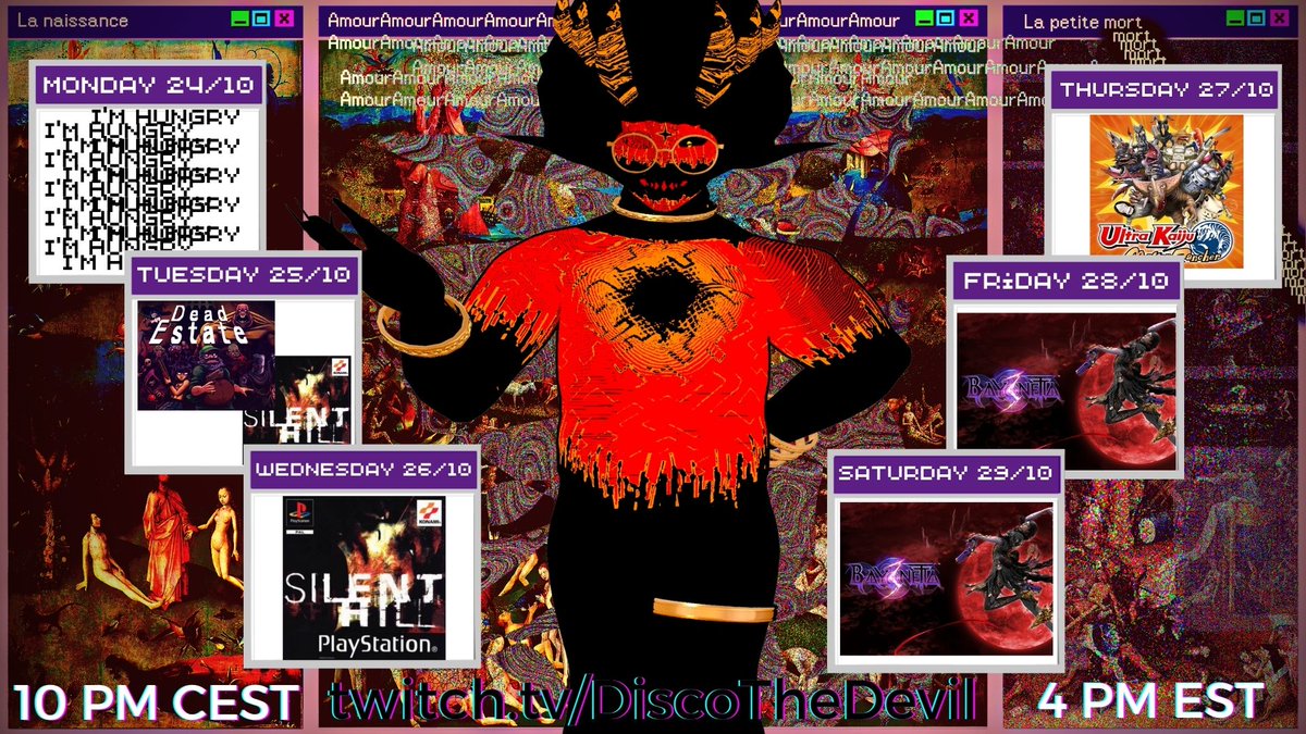 DiscoTheDevil's tweet photo. Sorry for the late schedule post! Work has been kicking my ass really really badly! I'm glad you guys are here!

Tonight we're gonna play #DeadEstate and some more Silent Hill depending on my energy!
Afterwards got more Ultra Kaiju Monster Rancher and then it's Bayonetta 3 time! https://t.co/9XCDXLIb8H