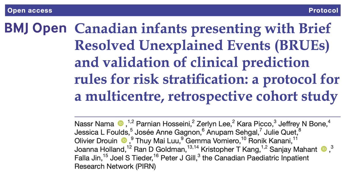 Protocol officially published in <a href="/BMJ_Open/">BMJ_Open</a>! Excited to complete this #BRUE study with an amazing team <a href="/CanadaPirn/">PIRNCanada</a>. Thx <a href="/BCCHresearch/">BC Children's Hospital Research Institute</a> and <a href="/CanPaedSociety/">Canadian Paediatric Society</a> for funding this research!  <a href="/LeeZerlyn/">Zerlyn</a> <a href="/anupamvsehgal/">Anupam Sehgal</a> <a href="/olivierdrouinmd/">Olivier Drouin</a> <a href="/joannalh/">Dr. Joanna Holland 🇨🇦</a> <a href="/Sanj_Mahant/">Sanjay Mahant</a> @JoelTieder <a href="/peterjgill/">Peter J Gill</a> #phm