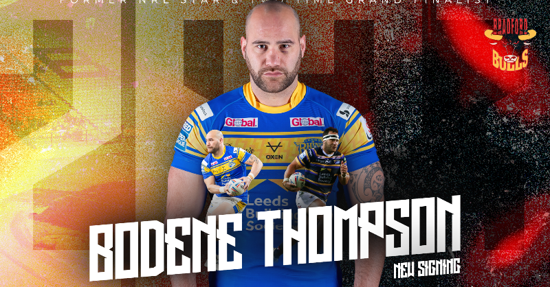 OfficialBullsRL's tweet photo. 🙌 | We are delighted to announce the signing of former NRL star and two-time Grand Finalist Bodene Thompson on a one-year deal!

🤝 | With thanks to @bulls_squad!

📖 | Full details!

🎟️ | https://t.co/qAPOMB25tL

#MomentsLikeThis