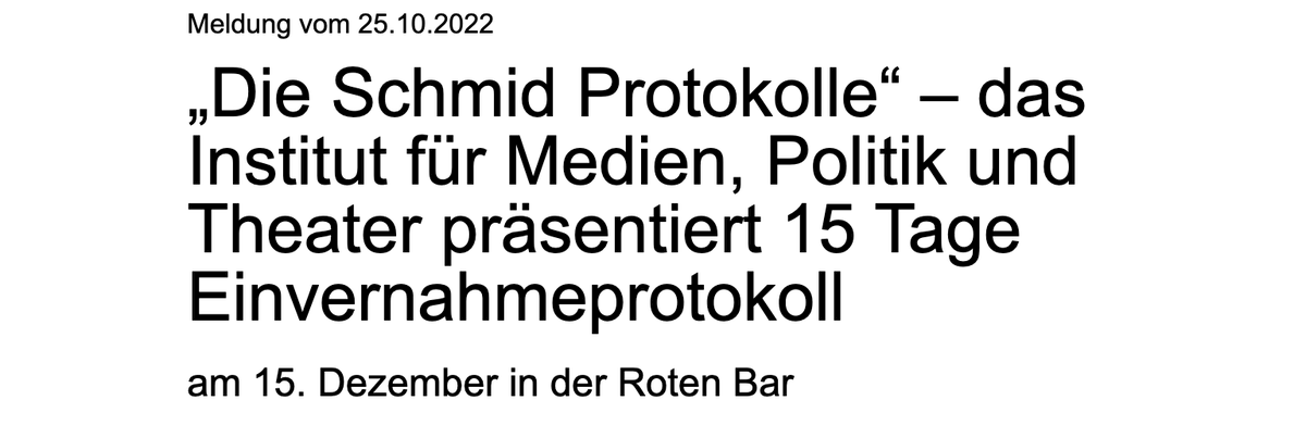 Ich habe ja gesagt: Wir lesen wieder. Die Schmid-Protokolle als szenische Lesung am 15. Dezember im <a href="/Volkstheater_W/">Volkstheater Wien</a> (VVK-Start am 7. November)
presse.volkstheater.at/news-die-schmi…