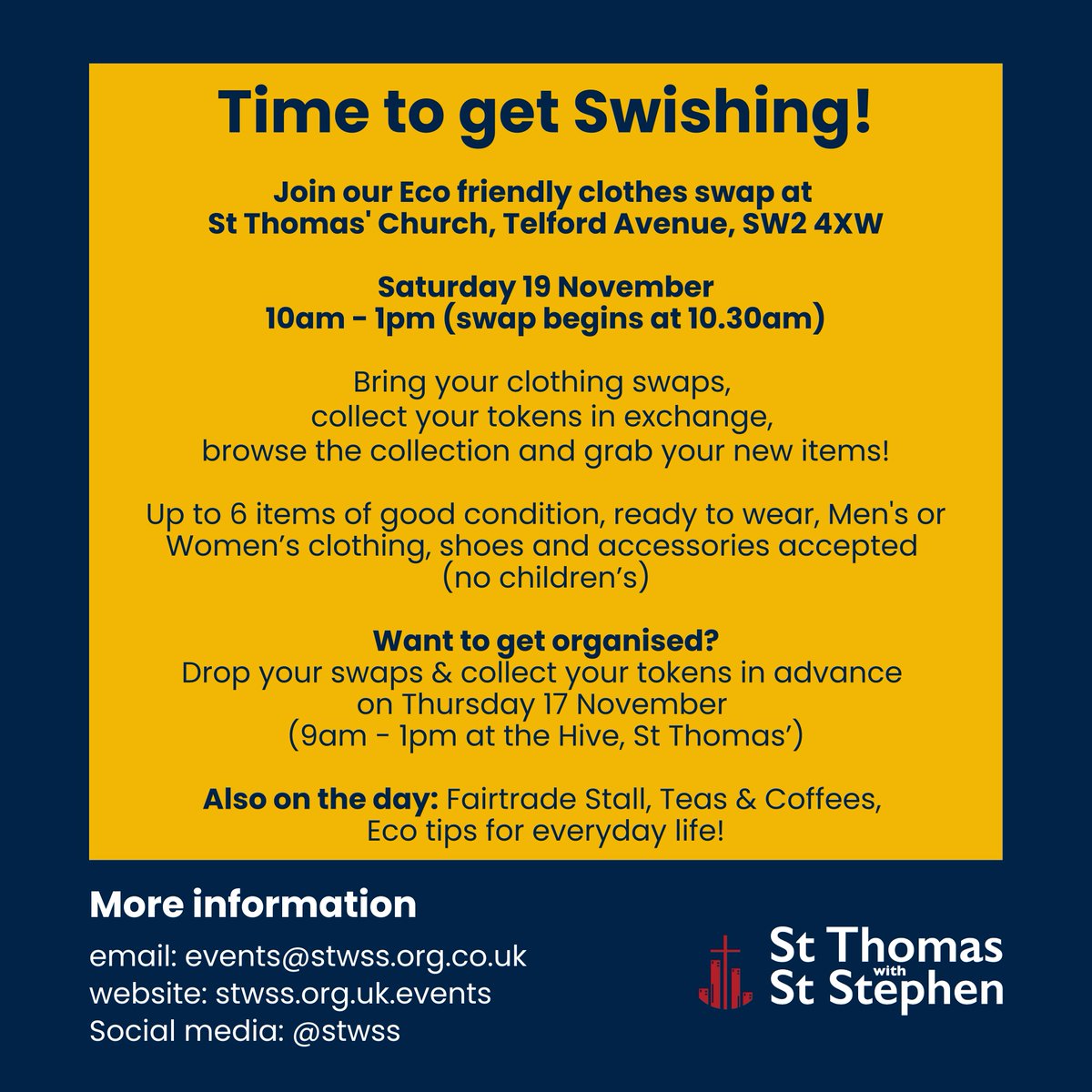 All are invited to an eco clothes swap event on 19th November.  Bring along items you no longer wear and refresh your wardrobe in a free and sustainable way. <a href="/STwSS/">STwSS Church</a>