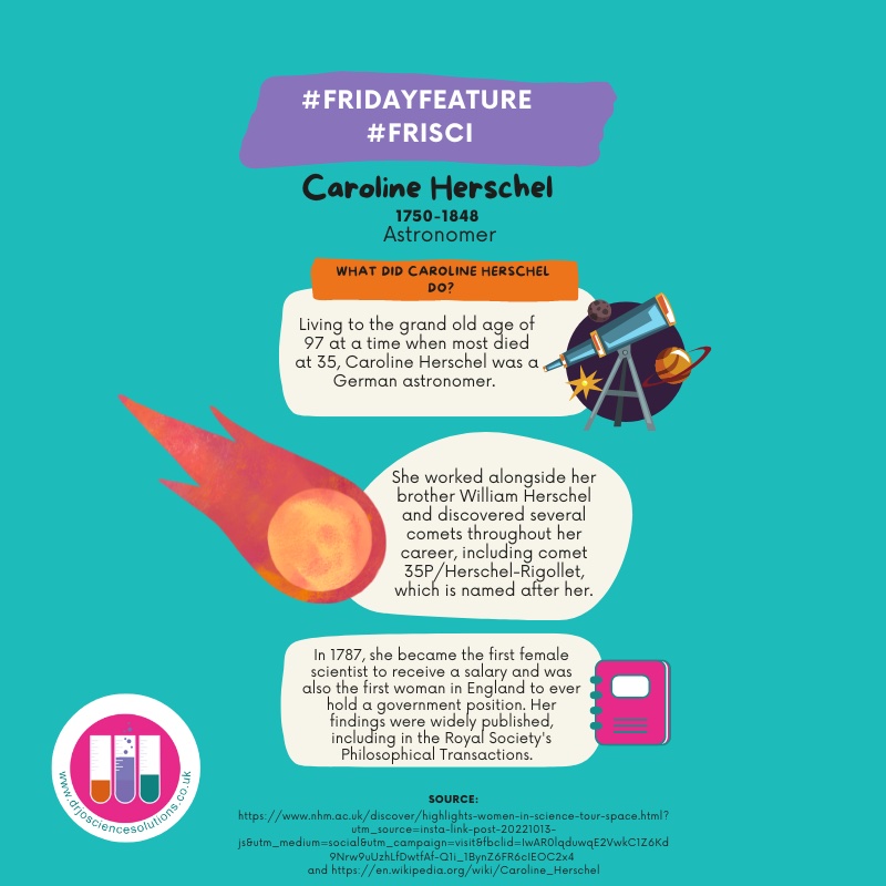 DrJoScience's tweet photo. It's #FridayScience #FriSci with #DrJo 

This week it's German Astronomer Caroline Herschel

#FamousFriday #FridayFun #PriSci #PrimaryScience #CareersInSTEM #Space #WomenInSTEM Find out more about women in space at: 
https://t.co/EcoEUpxDef https://t.co/Ts28TTYqIB