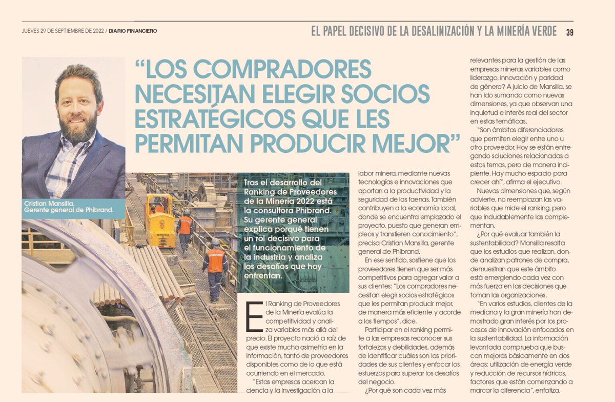 Los #proveedores #mineros deben sintonizar con las prioridades de sus clientes y ayudarles a superar los desafíos del negocio en #Chile como sus #sociosestratégicos. De esto hablamos en esta columna de opinión para <a href="/DFinanciero/">Diario Financiero</a> 👏