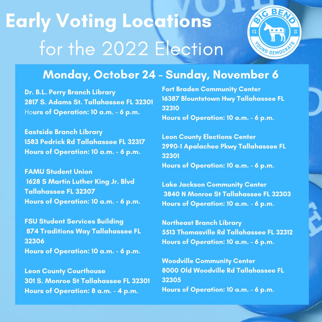 Leon County Democrats! Early voting started yesterday! If you haven’t voted, go to an early vote location to avoid waiting in line. If you still have your vote by mail ballot you can drop it off at any secure ballot box at each early vote location!