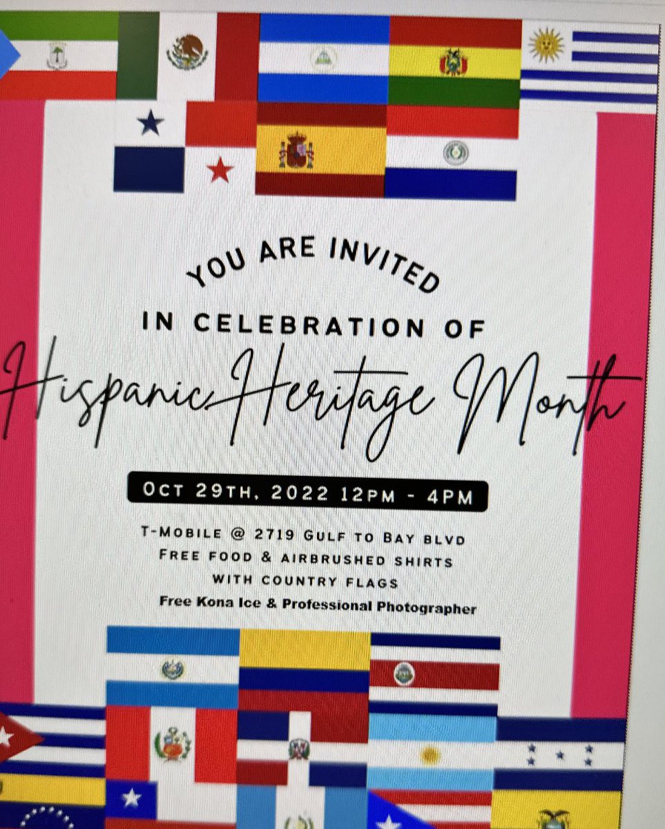 We are extremely excited to invite you to our event this Saturday. What can you expect? Free air brushed shirts with your countries flag, free Latin cuisine, Kona Ice and much more. NOS VEMOS! @TonyCBerger @GHengtgen @DaveMayeux @cjgreentx @EddiePryor7 @TMobileLatino @_MSing_