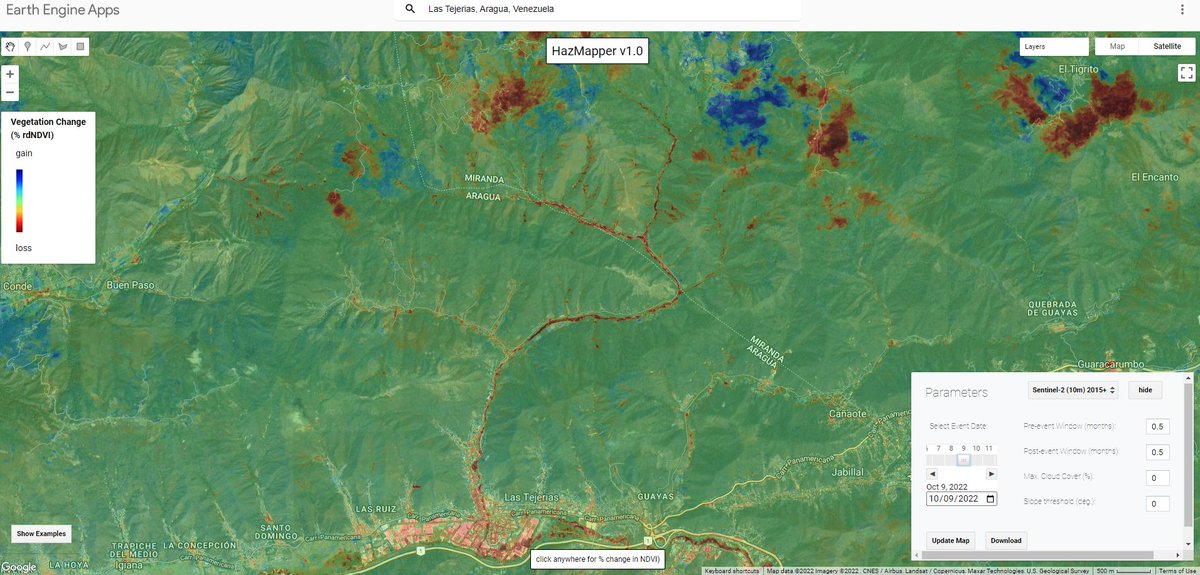 For those following the Oct 8-9 Las Tejerías landslide disaster in Venezuela, the <a href="/HazMapper/">HazMapper</a> +rdNDVI output clearly shows the shallow landslides and debris flows. Explore in HazMapper at cmscheip.users.earthengine.app/view/hazmapper…; and see <a href="/davepetley/">Dave Petley</a> blog post-blogs.agu.org/landslideblog/…