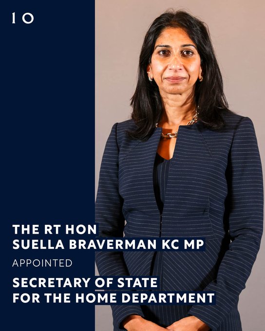 The Rt Hon Suella Braverman KC MP has been appointed as Secretary of State for the Home Department. 