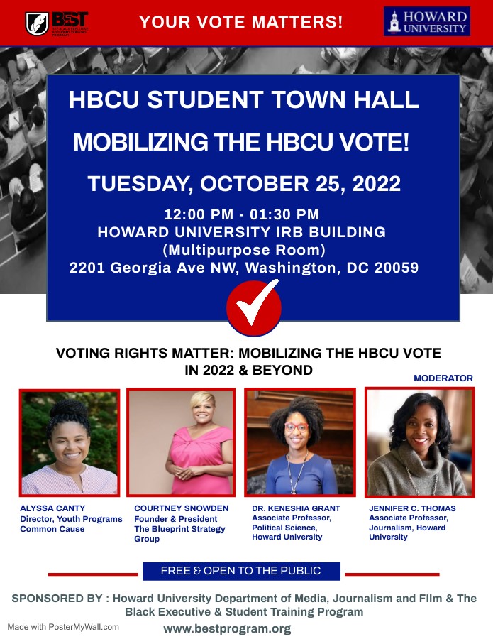 VOTING RIGHTS MATTER: MOBILIZING HBCU VOTE

Can't be @howardu? Watch live on Vimeo! <a href="/BowieState/">Bowie State University</a> @famu_1887 @whenweallvote <a href="/_HamptonU/">Hampton University</a> <a href="/MorganStateU/">Morgan State University</a> <a href="/morganstatesga/">Morgan State SGA</a> <a href="/SGJCMSU/">School of Global Journalism & Communication MSU</a> @NABJSTUDENTS @coppinstateuniv @hbcubuzz <a href="/udc_edu/">University of the District of Columbia (UDC)</a> @commoncause <a href="/BlackVotersMtr/">Black Voters Matter Fund</a> 
vimeo.com/event/2546520