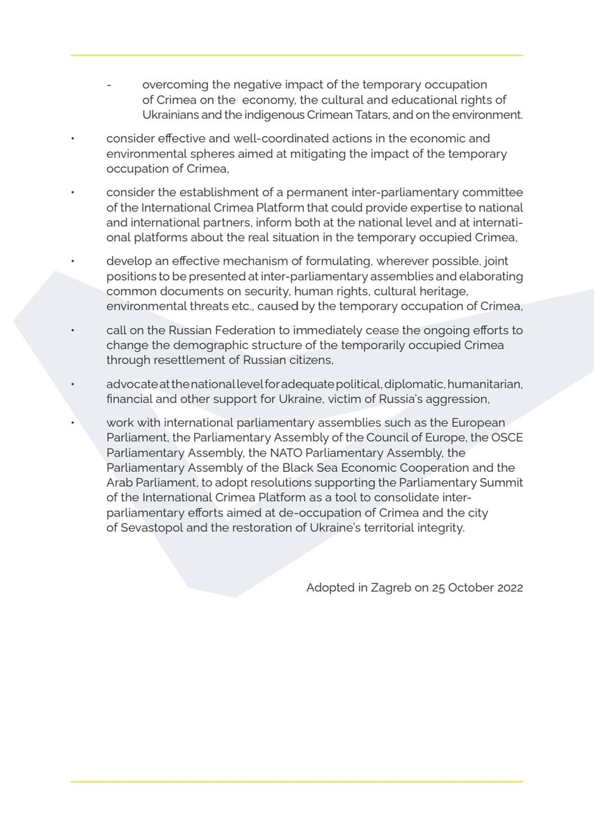 We welcome the adoption of Joint Statement of First Parliamentary Summit of #CrimeaPlatform. We thank participants for their commitment to non-recognition policy&condemnation of the temporary occupation of #Crimea&areas of #Luhansk, #Donetsk, #Zaporizhzhia and #Kherson regions1/2