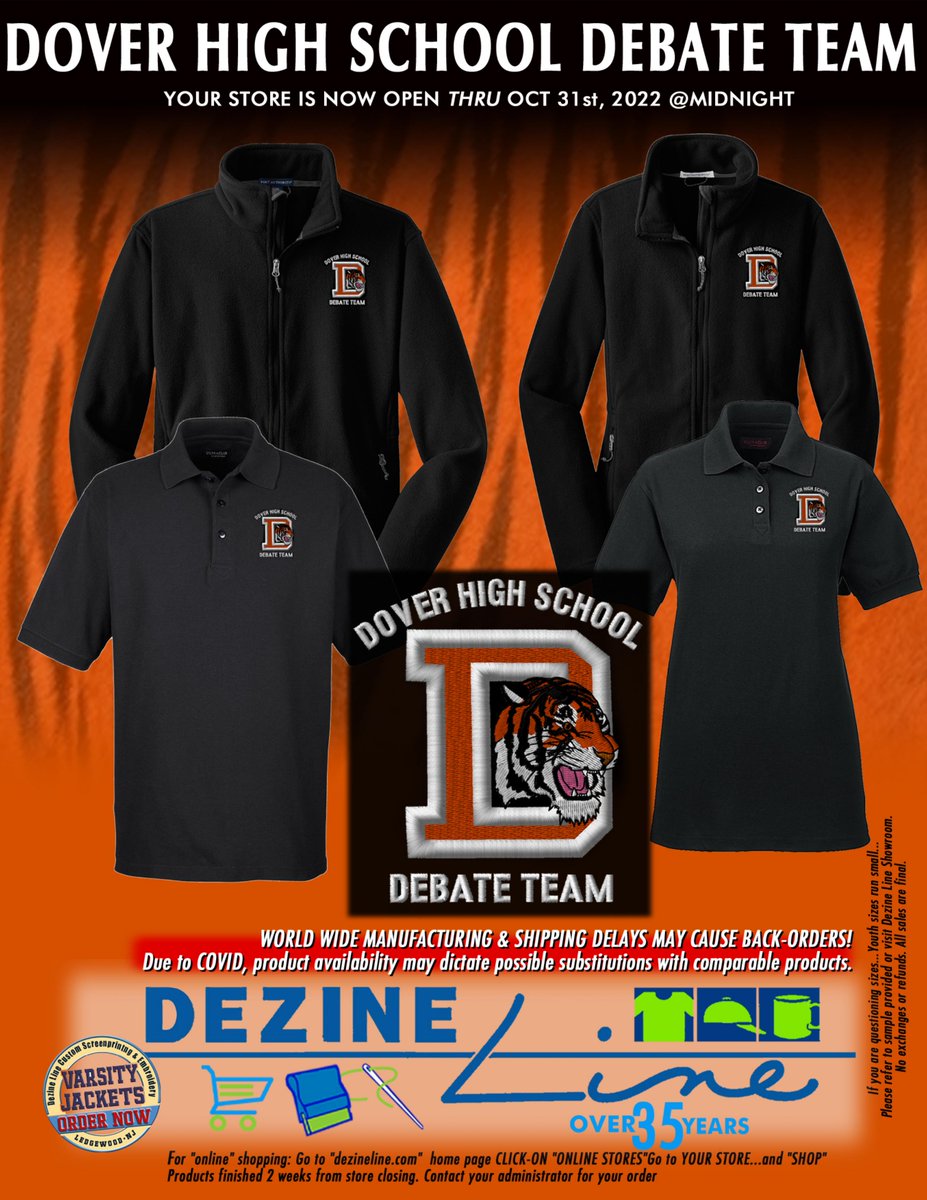 DoverHSDean's tweet photo. Here's a chance to get some Dover Gear and support the Debate Team. The store is open until October 31st at midnight! To order online, go to https://t.co/HRvymCtJyn and click on Online Stores. Select Dover High School Debate to choose from some great options! @DoverHSNJ https://t.co/UXMwzc7wFp