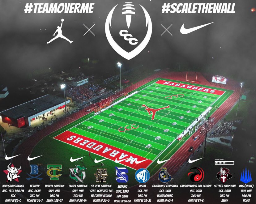 CCCMaraudersFB's tweet photo. Looking to go 3-0 in the district and claim the championship outright. Kickoff vs. Seffner Christian is at 7:30pm and the game will be played at Tampa Bay Tech. #TeamOverMe #ScaleTheWall https://t.co/CvzGv8bl7A
