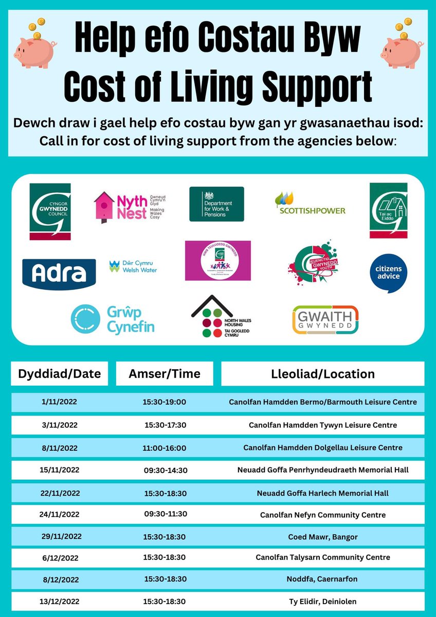 Ydych chi’n poeni am dalu biliau dros y misoedd nesaf? Ydych chi’n colli cwsg wrth feddwl am y bil nesaf? Mae @CyngorGwynedd yn cynnal sesiynau ar draws Gwynedd i’ch helpu chi - ewch draw i’ch sesiwn lleol.