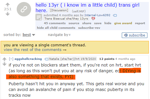 reddit_lies's tweet photo. Trans #predditor suggests "Do-It-Yourself" hormone therapy to a 13 year old child. https://t.co/52Kc3aNiHV