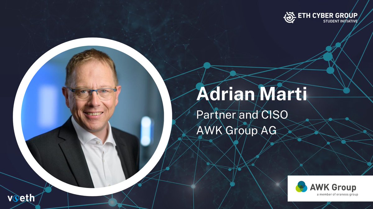 The second keynote speaker at the #ETH Cyber Group Meet &amp; Greet 2022 will be Adrian Marti, Head of Cyber Security &amp; Privacy at #AWK Group! We are looking forward to his analysis of our theme!

Want to attend as a cyber security professional? Register here: lnkd.in/eDeuCgWJ