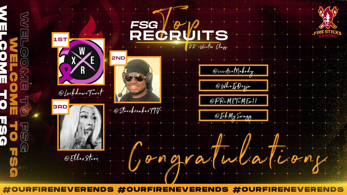 FireSticksGT's tweet photo. Fire Sticks Gaming Winter 22' Class

Welcome the Recruits to FSG 🎉

@LockdownTurnt - 1st 🥇 
@StonebreakerTTV - 2nd 🥈
@Ellev8tion - 3rd 🥉 
@iiiAintNobody
@WhoIsDezja
@PRiMETiMEx11 
@InkMySwagg

👨🏾‍💻 @FSGxMR2DOTO 
🎨 @therealtirtis 

🗣 Go be GREAT‼️

#FSG #FIRESTICKSGAMING 🔥🎮 https://t.co/m88aBPYh9O
