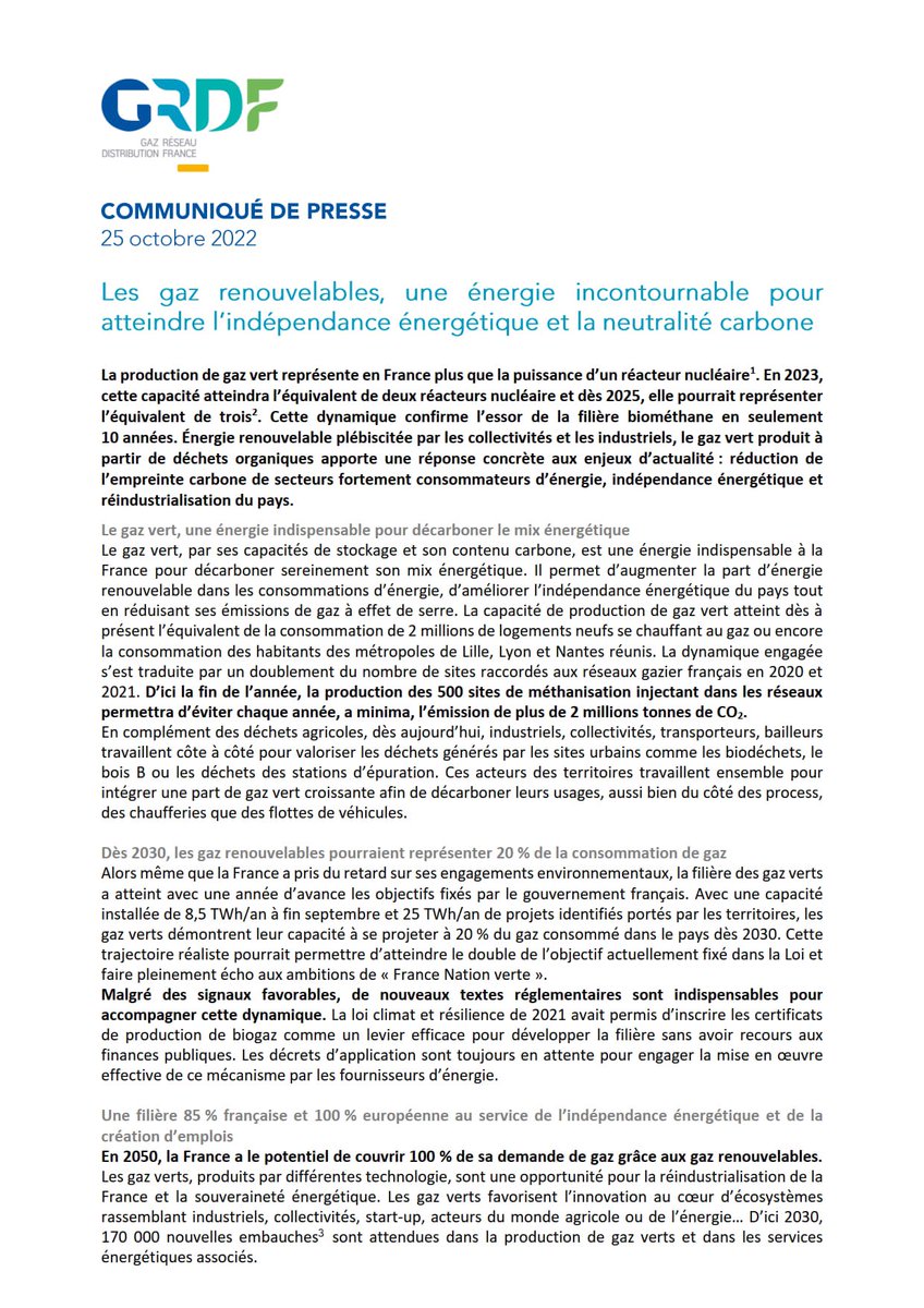 🗞 #CP #Presse
Les #GazRenouvelables sont une #énergie incontournable pour l’indépendance énergétique &amp; la réindustrialisation de la France 🇫🇷.
En 2023 la capacité de production de #GazVert atteindra l’équivalent de deux réacteurs nucléaires.
➡️ cutt.ly/xNoCMZA
#REPowerEU