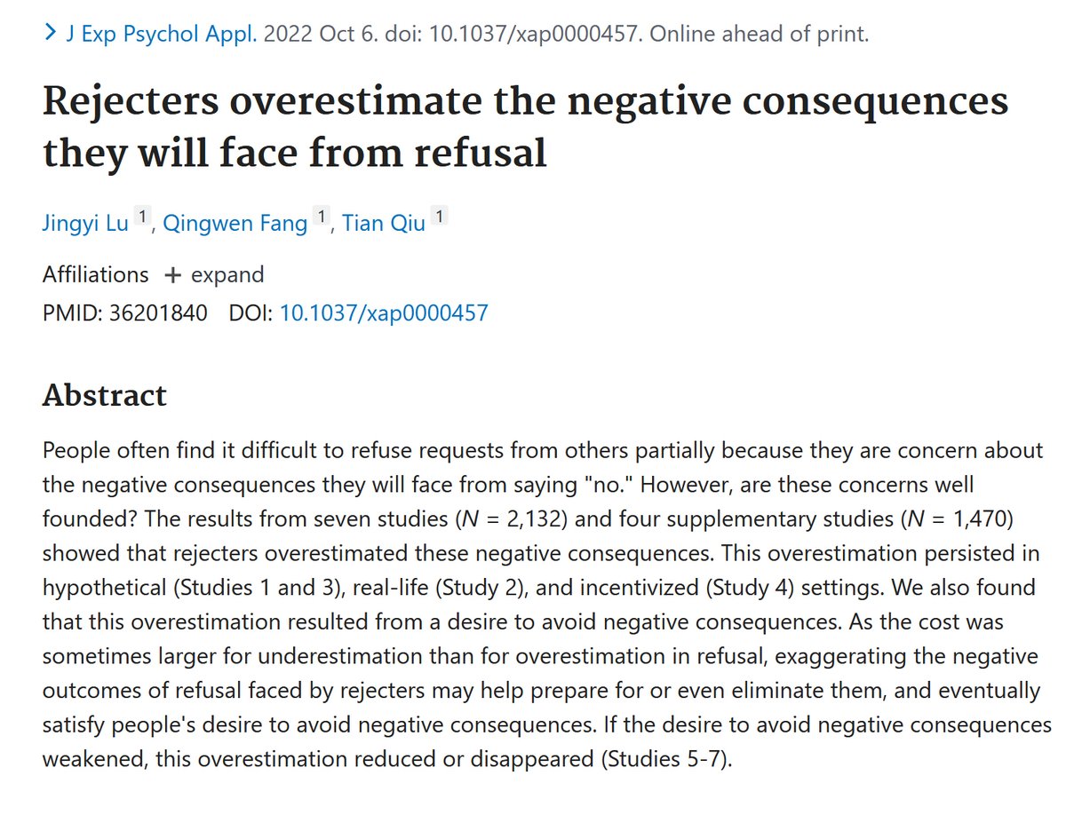 Saying no is not as costly as you expect.

11 studies: people overestimate the relationship and reputation risks of turning down requests. People generally don't hold it against you.

Declining doesn't mean you don't care. It means you're taking care not to overextend yourself.