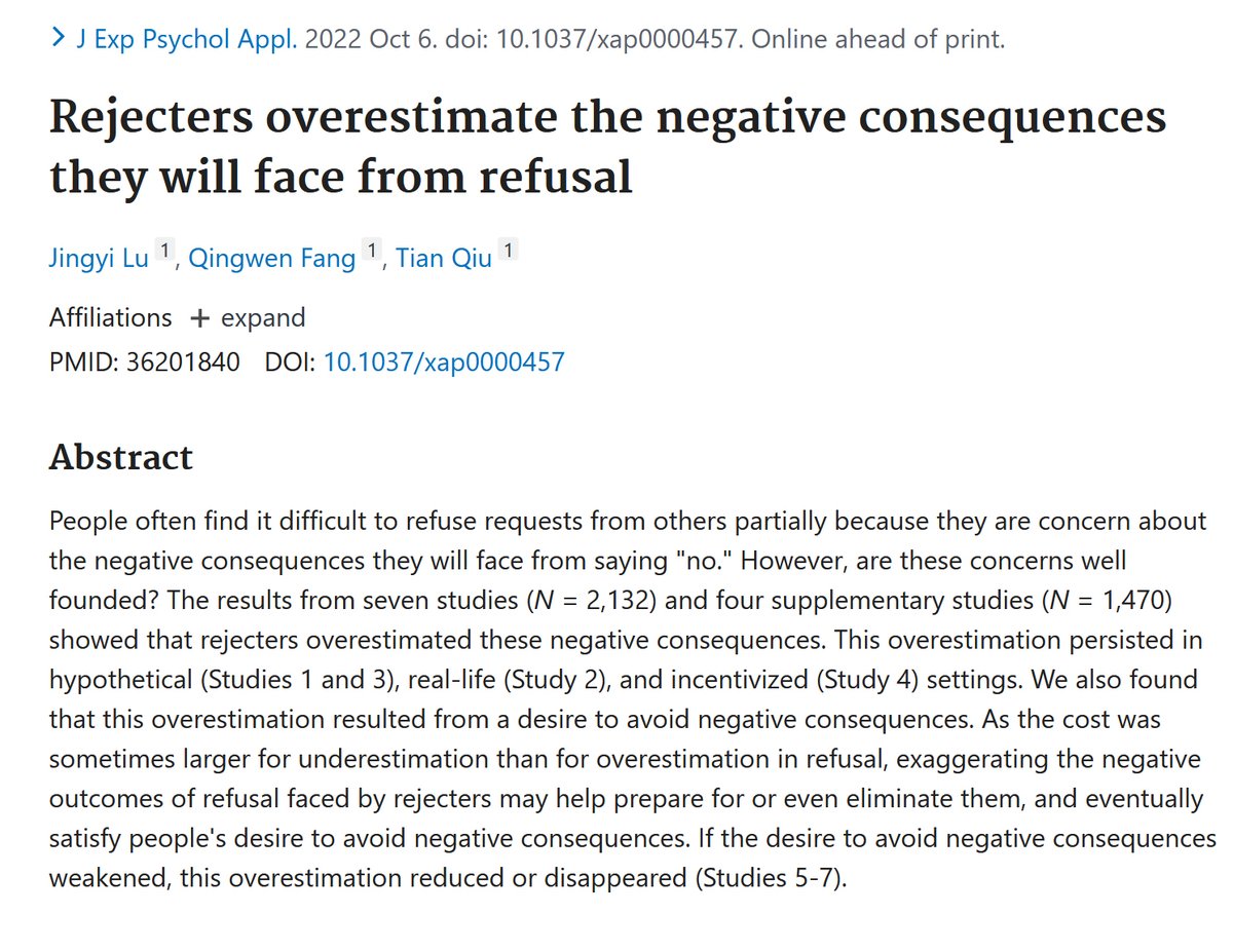 Saying no is not as costly as you expect. 11 studies: people overestimate the relationship and reputation risks of turning down requests. People generally don't hold it against you. Declining doesn't mean you don't care. It means you're taking care not to overextend yourself.