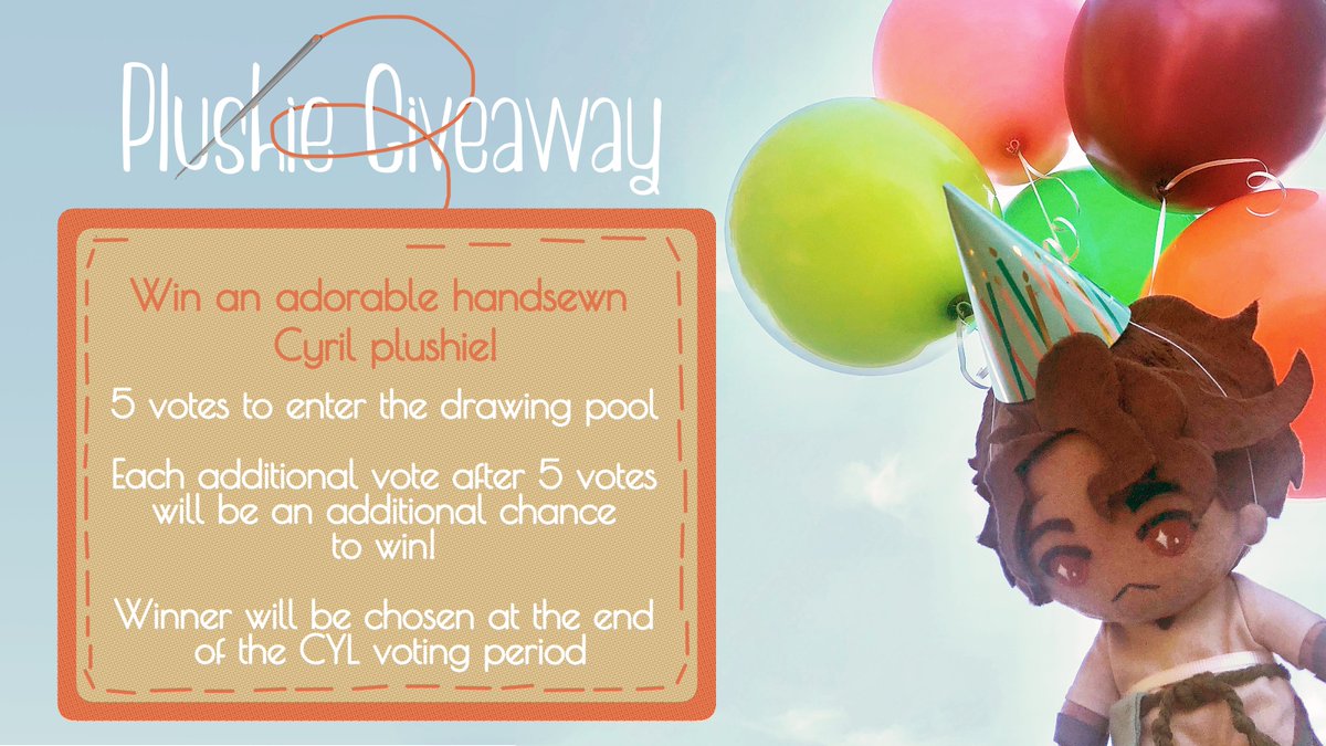 Happy Birthday Cyril!! 🥳🥳🥳To celebrate, he's taking a birthday balloon flight, lifting off on a journey to parts unknown! His destination? To one of you! Vote for Cyril in CYL7 for a chance to win a one-of-a-kind handmade Cyril plushie by <a href="/SlipshodStitchn/">Slipshod Stitcher ✨ Cyril CYL7!</a> !