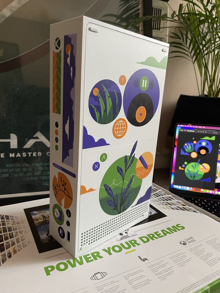 OllieHoff's tweet photo. It's finally live!! 🥳
I had such a pleasure working with @Xbox on their #CreatingPlay project! It was so fun working on a custom Series S for them, don't do a lot of physical art so was both exciting and terrifying to do! Really happy with how it turned out though 😊✨🌱 https://t.co/J2JmUkDJ4w