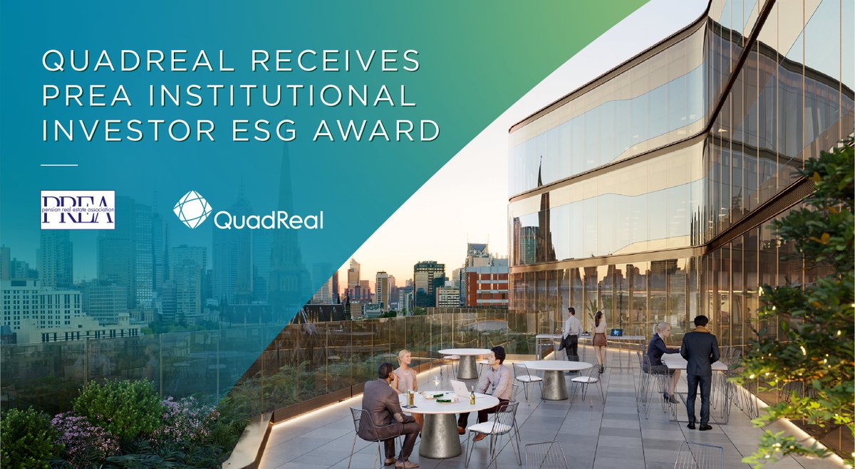 We are honoured to receive the @PREAnews Institutional Investor ESG Award. At QuadReal, we strive to make a positive impact on the environment and in the communities we serve including our commitment to net zero by 2050. Full press release on our website: bit.ly/3TXdLia