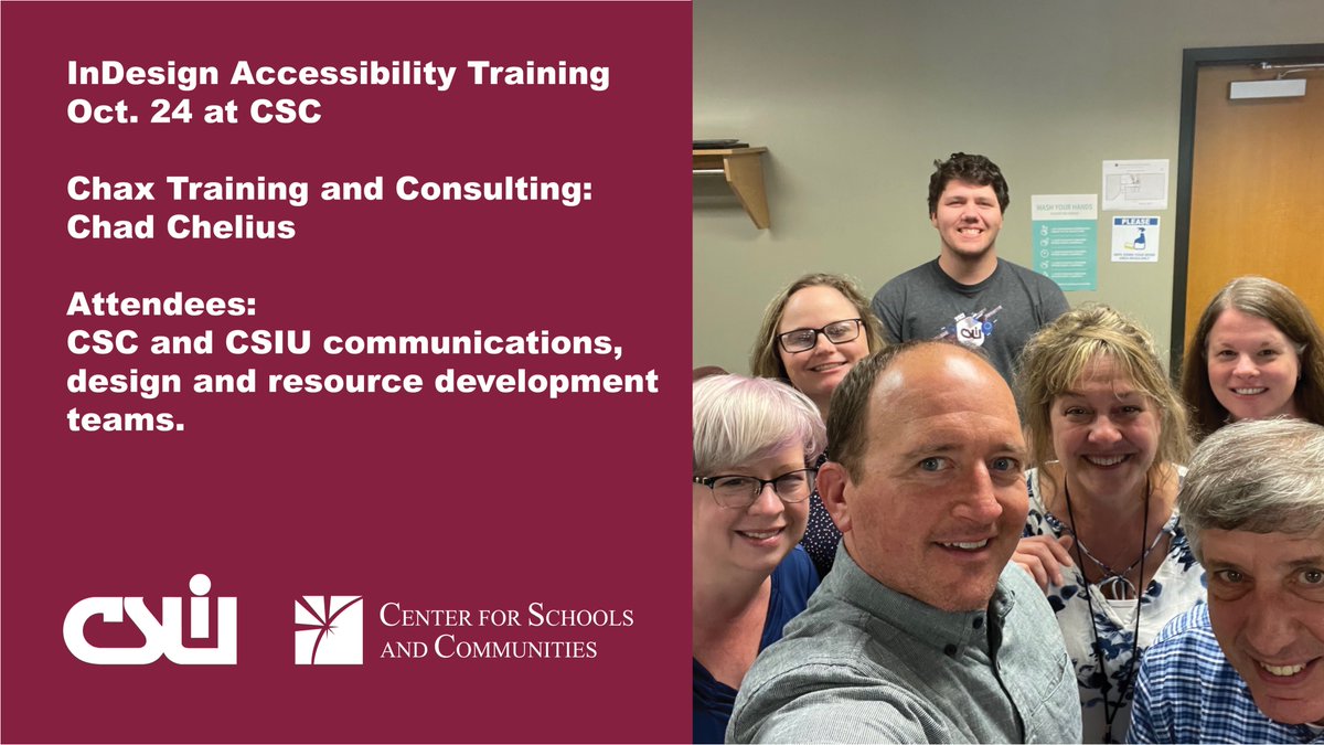 CSIU16's tweet photo. Yesterday, we had the opportunity to learn more about Accessibility through Adobe InDesign at the @CtrSafeSchools!
This Accessibility Training gave us the knowledge and tools so that everyone can experience and enjoy the #CSIU website.
Thank you @chadchelius for the training! https://t.co/jf3h1LTQBt