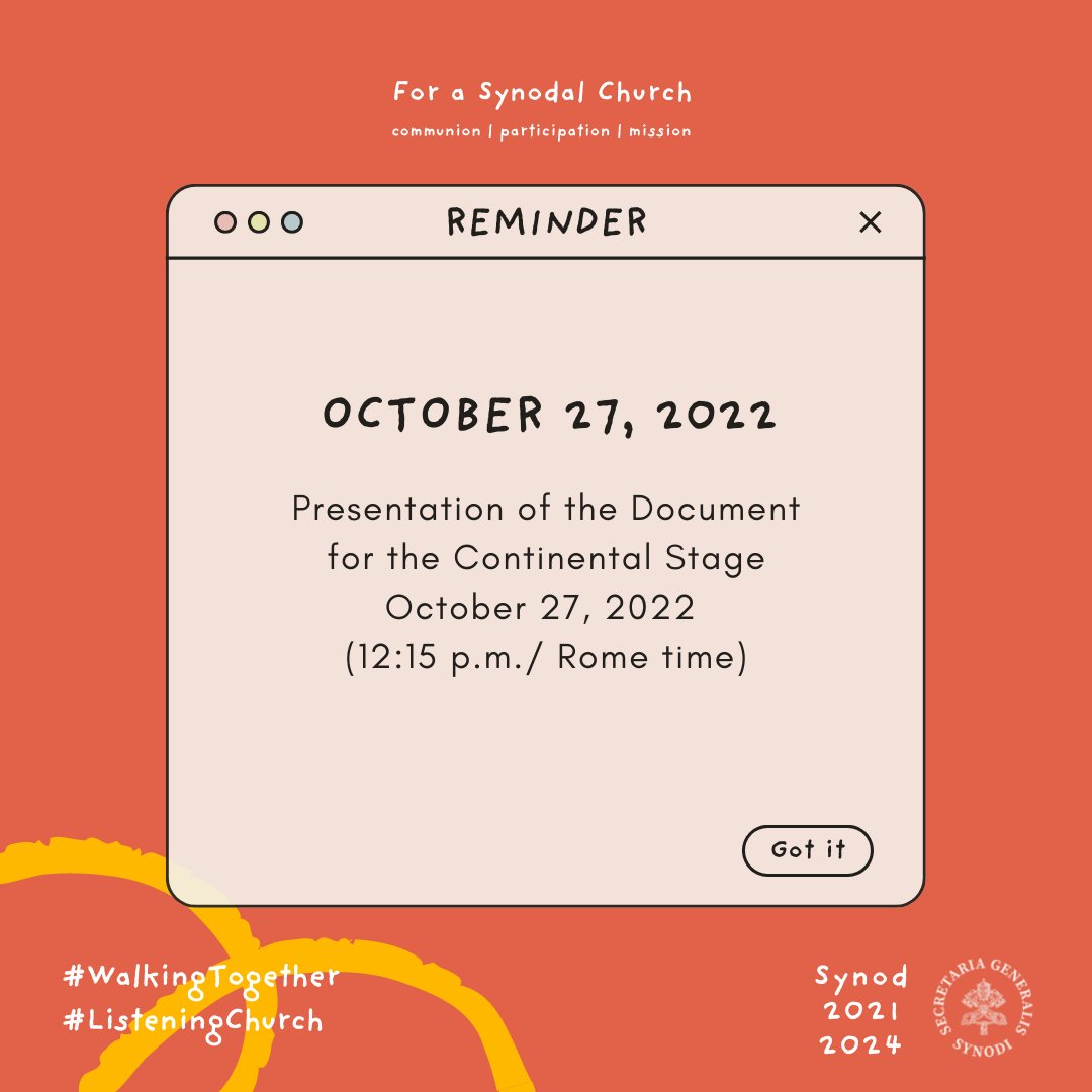 Synod_va's tweet photo. Presentation of the Document for the Continental Stage of the Synod on Synodality, this Thursday, 27th of October. Speakers: @GrechMario @cardinal_jch @AnnaRowlands1 @giacocosta, Msgr. Piero Coda. Link: https://t.co/21751FvzSC. #synod #ListeningChurch https://t.co/f2Oxb2KGGi