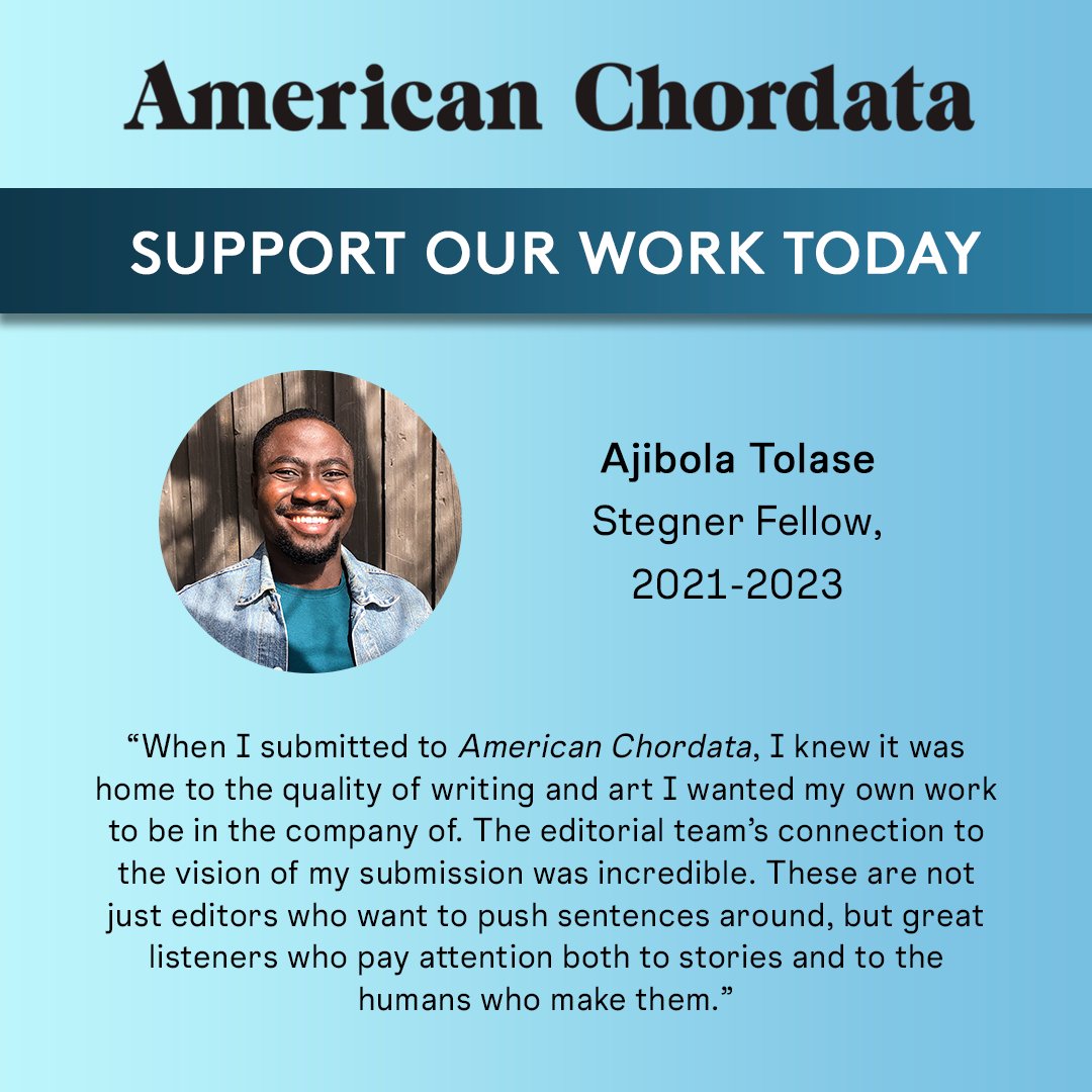 American Chordata (@americhord) on Twitter photo HELP US MEET OUR GOAL!
This year, as part of the Whiting Literary Magazine Prize, <a href="/WhitingFdn/">Whiting Foundation</a> will match donations we receive 2:1, up to $5,000. Whether you give $25 or $250, every penny will go towards ensuring the magazine’s future.
Donate: tinyurl.com/4ava3ehk HELP US MEET OUR GOAL!
This year, as part of the Whiting Literary Magazine Prize, <a href="/WhitingFdn/">Whiting Foundation</a> will match donations we receive 2:1, up to $5,000. Whether you give $25 or $250, every penny will go towards ensuring the magazine’s future.
Donate: tinyurl.com/4ava3ehk