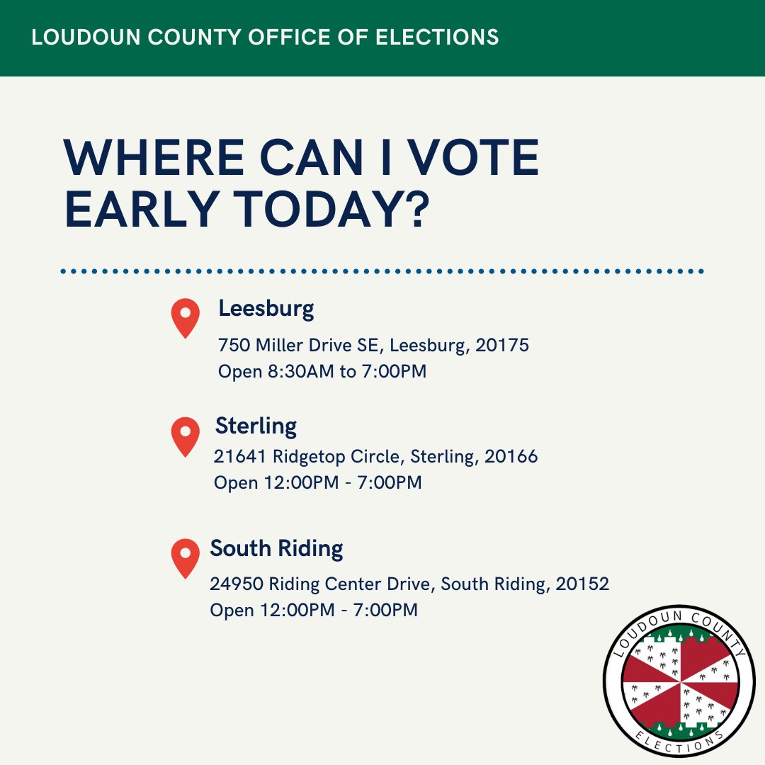LoudounVote's tweet photo. ⏰ Additional Early Voting Sites are open today! Today, you can vote early in Leesburg, Sterling, and South Riding! 

#VoteReady https://t.co/NXzPSmrZpC