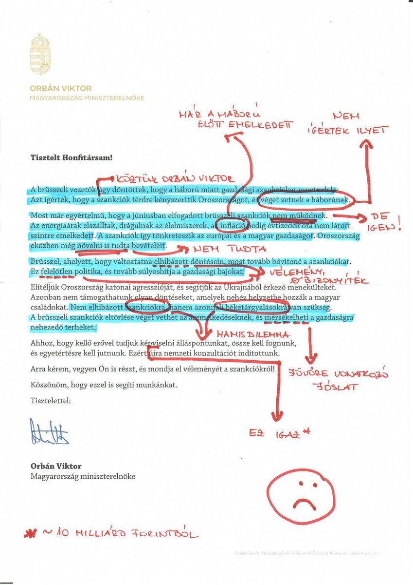 BZoldi's tweet photo. Hungarians got a letter from @PM_ViktorOrban alongside the latest national consultation "on Brussels’ failed #sanctions" against Russia. We highlighted problematic claims (falsehoods, inaccuracies, manipulative arguments, opinions &amp; predictions not back up by facts) @lakmusz_hu https://t.co/cNfQxNlTCp
