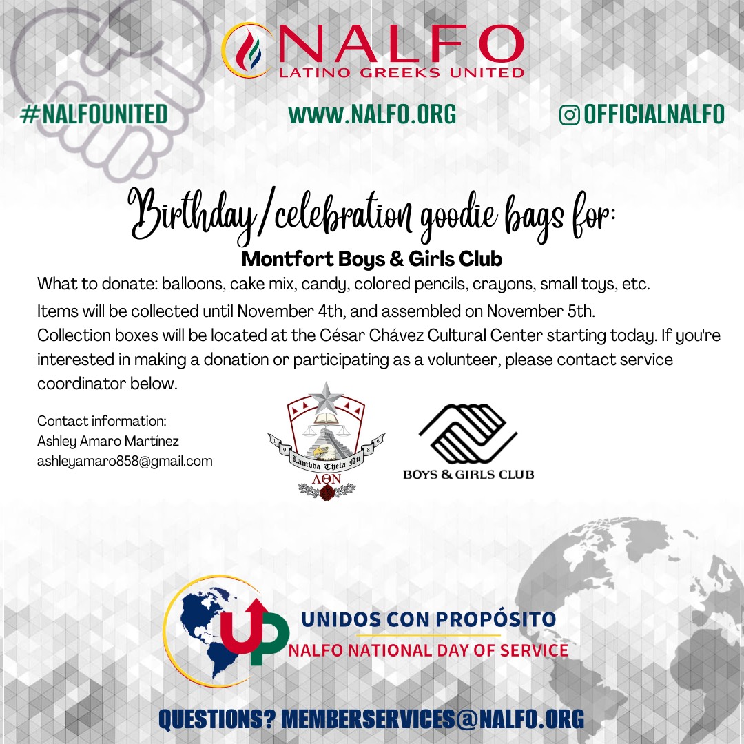 🚨 National Day of Service is on November 5th 🚨

Next, we have @kaptivatingkappa_lambdas with their BDay Celebration Goodie Bags event in Greeley, CO!

#NDOS2022 #NALFO #LatinoGreeksUnited #UnidosConProposito