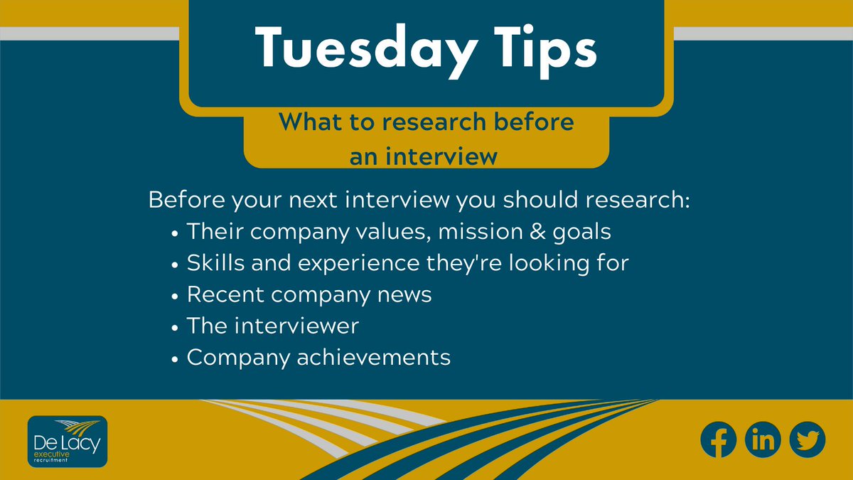 delacy_na's tweet image. We all know that doing research before an interview is essential, but what should you research? Here are our #tips on what you should research before you go into your next interview.

#Interview #InterviewResearch #TuesdayTips