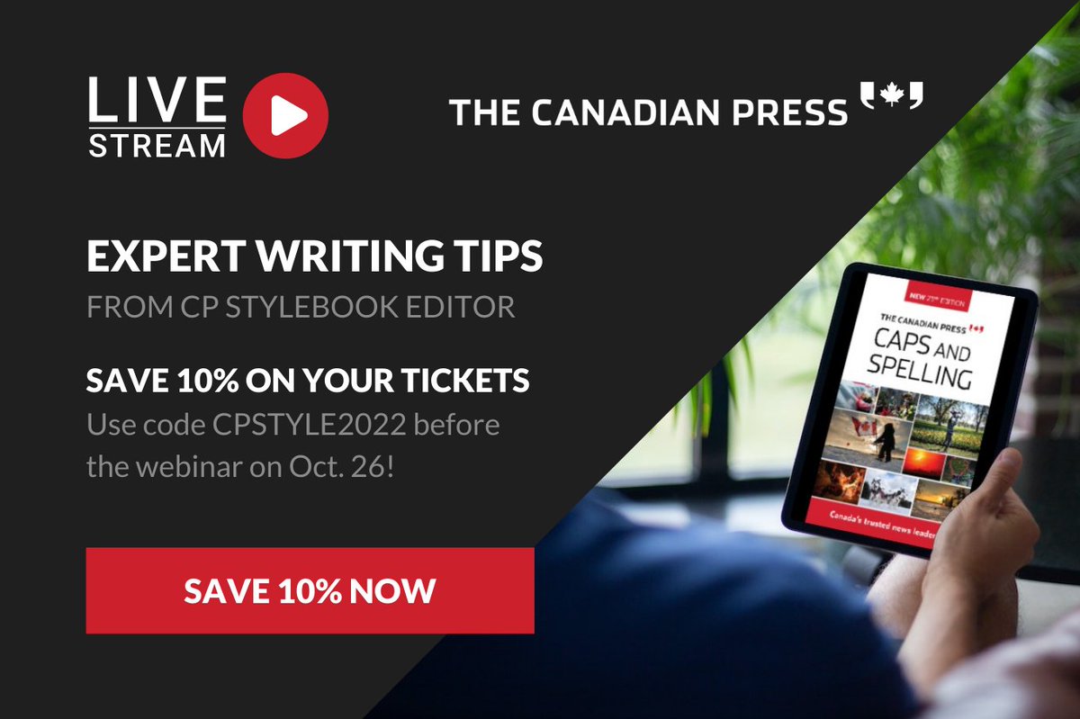 CanadianPress's tweet photo. Our CP Style Seminar on the ever-elusive hyphens and compounds in tomorrow! Today is your last chance to save 10% with our code CPSTYLE2022. Reserve your spot today at https://t.co/U1D7fVc3AZ! 
#learning #cpstyle #thecanadianpress #editor #writingskills #compoundsandhyphens https://t.co/DYHYlZBAsn