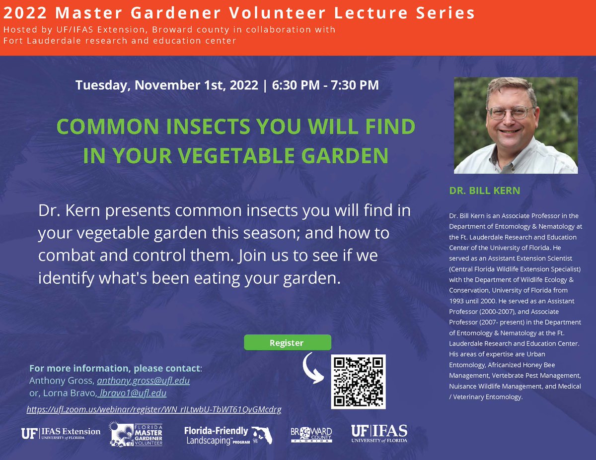 HortUrban's tweet photo. #broward #browardcounty @TParklander @FloridaMGs @BrowardEnv #browardstem #browardparks
Join us for our November lecture series, Tuesday November 1st at 6:30pm. It is free; registration is required. https://t.co/nCT7Z01Arp If you grow vegetables you won't want to miss this one! https://t.co/UjXWsV5UPp
