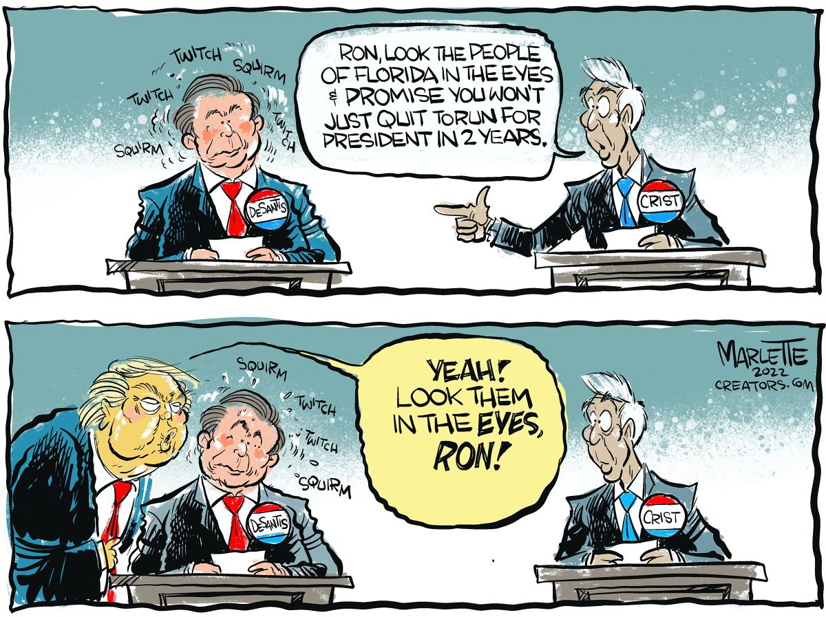 Andy Marlette (@andymarlette) on Twitter photo #Florida cartoon: Crist ain't the only one daring DeSantis to answer a simple question... <a href="/GovRonDeSantis/">Ron DeSantis</a> <a href="/CharlieCrist/">Charlie Crist</a> #Florida cartoon: Crist ain't the only one daring DeSantis to answer a simple question... <a href="/GovRonDeSantis/">Ron DeSantis</a> <a href="/CharlieCrist/">Charlie Crist</a>