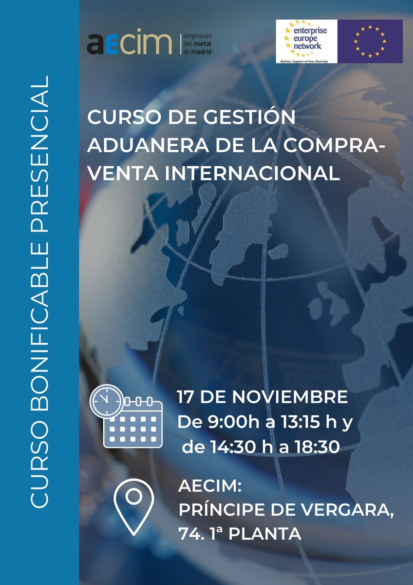 📢Curso de #formación: 𝐆𝐞𝐬𝐭𝐢𝐨́𝐧 𝐚𝐝𝐮𝐚𝐧𝐞𝐫𝐚 𝐝𝐞 𝐥𝐚 𝐜𝐨𝐦𝐩𝐫𝐚-𝐯𝐞𝐧𝐭𝐚 𝐢𝐧𝐭𝐞𝐫𝐧𝐚𝐜𝐢𝐨𝐧𝐚𝐥 🛍
📅17 de noviembre
🕙 9h – 18h.
📍 AECIM
💰Bonificable por <a href="/Fundae_es/">Fundación Estatal para la Formación en el Empleo</a>
 
<a href="/EEN_spain/">EEN Spain</a> <a href="/een_madrid/">EEN Madrid</a>  con la #internacionalización de empresas