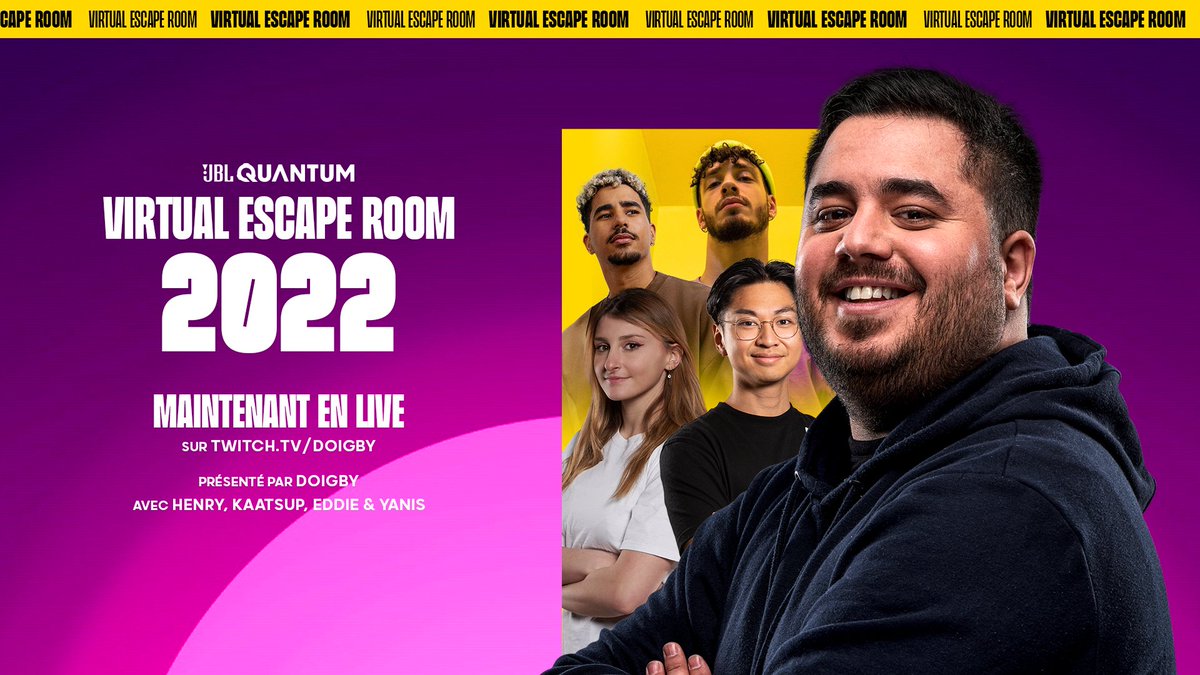 C'est parti je prends les commandes de la @JBLQuantumFR Virtual Escape Room 2022 ! Sortez les popcorns, on va observer @superhenrytran, @kaatsup, @eddiecudi & @yanisboumjri 😈 🍿 twitch.tv/doigby