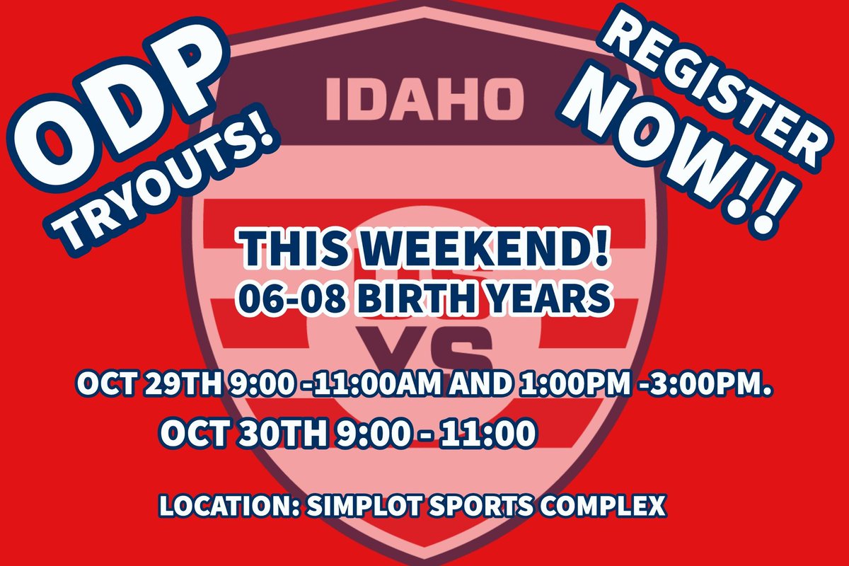 IDYouthSoccer's tweet photo. ODP TRYOUTS THIS WEEKEND for 2006-2008s!
Register here! https://t.co/vJZMfu64nF
#westodp #goidaho #provenpathway #westregionodp #idahoodp #ODP #TrainToDevelop #USYS #iysa #weareyouthsoccer https://t.co/HhsVYnfZBW