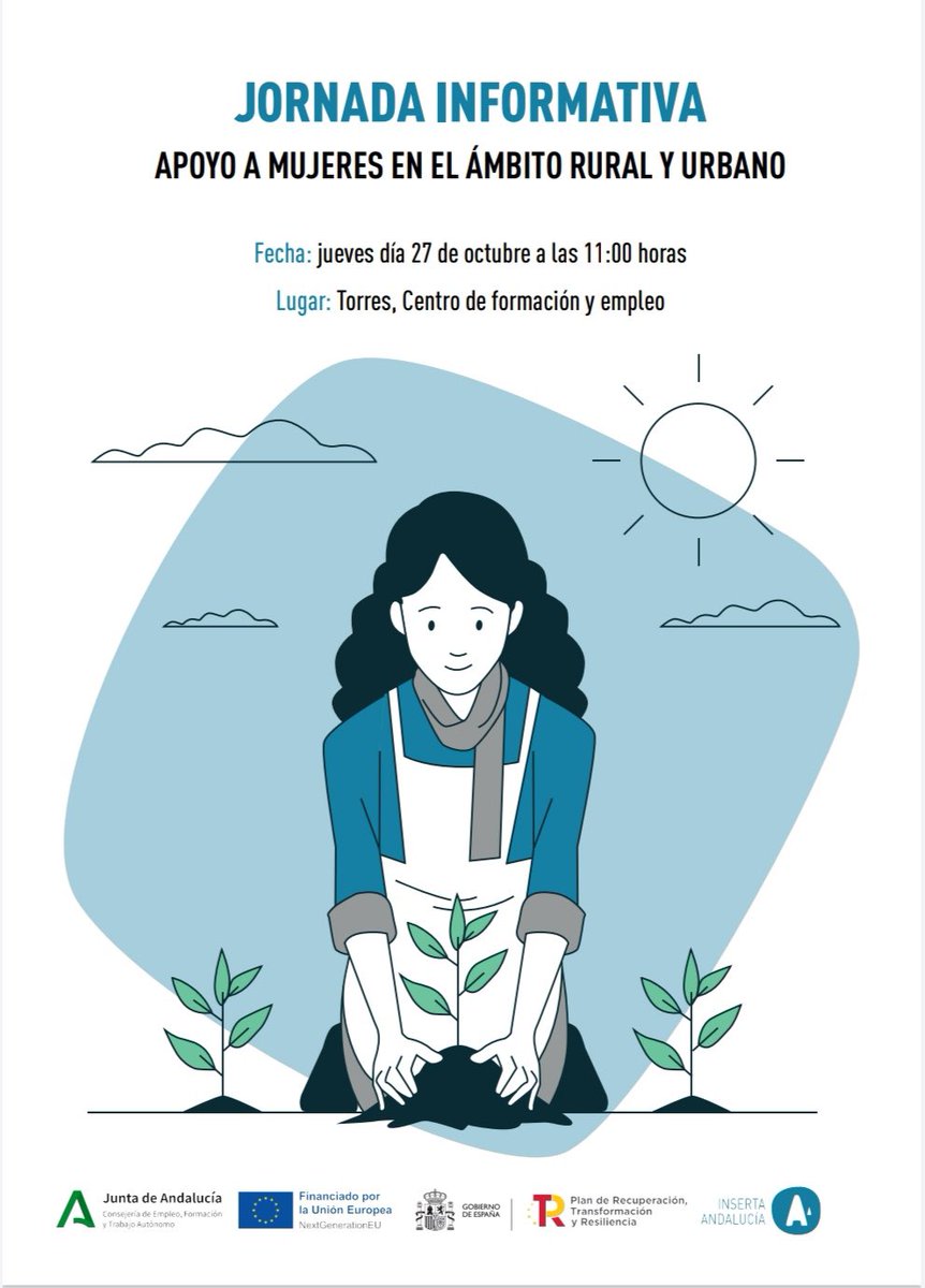 🗓 Este jueves 27 de octubre tendremos unas jornadas informativas sobre apoyo a mujeres en el ámbito rural y urbano.

🕙 11:00 h
📍 Centro de Formación y Empleo de #Torres 

¡Te esperamos!😁

#TorresAvanza #Jaén