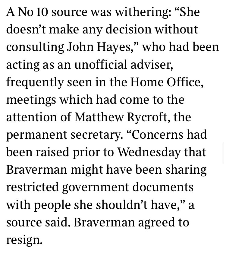 Suella Braverman did not mistakenly leak a meaningless document. She endlessly consulted a maverick. She deliberately emailed a policy doc not yet agreed to her pvt email. Then she sent it to John Hayes and someone she thought was his wife. Then lied to PM about when it was sent