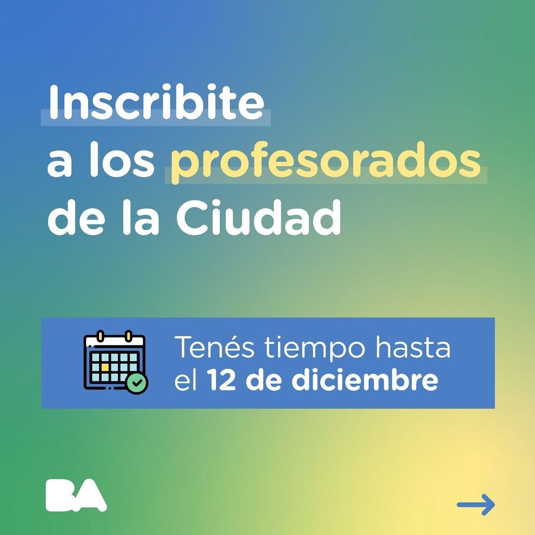 FerVilla_ba's tweet photo. ¡Hasta el 12 de diciembre están abiertas las inscripciones a los profesorados de la Ciudad!

Podés incribirte en este link:

https://t.co/dTkCA1tkwy https://t.co/wezKqIgd4E
