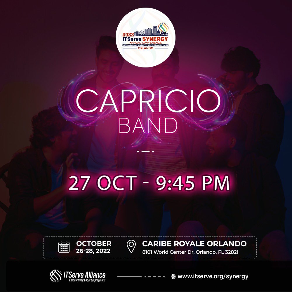ITServeorg's tweet photo. Get ready to swing with the most popular fusion band 'Capricio' at #ITServeSynergy on 27th October. 

#Synergy2022 #ITServe #ITServeSynergy2022 #NetworkWithITServe https://t.co/mFyrswQfOp