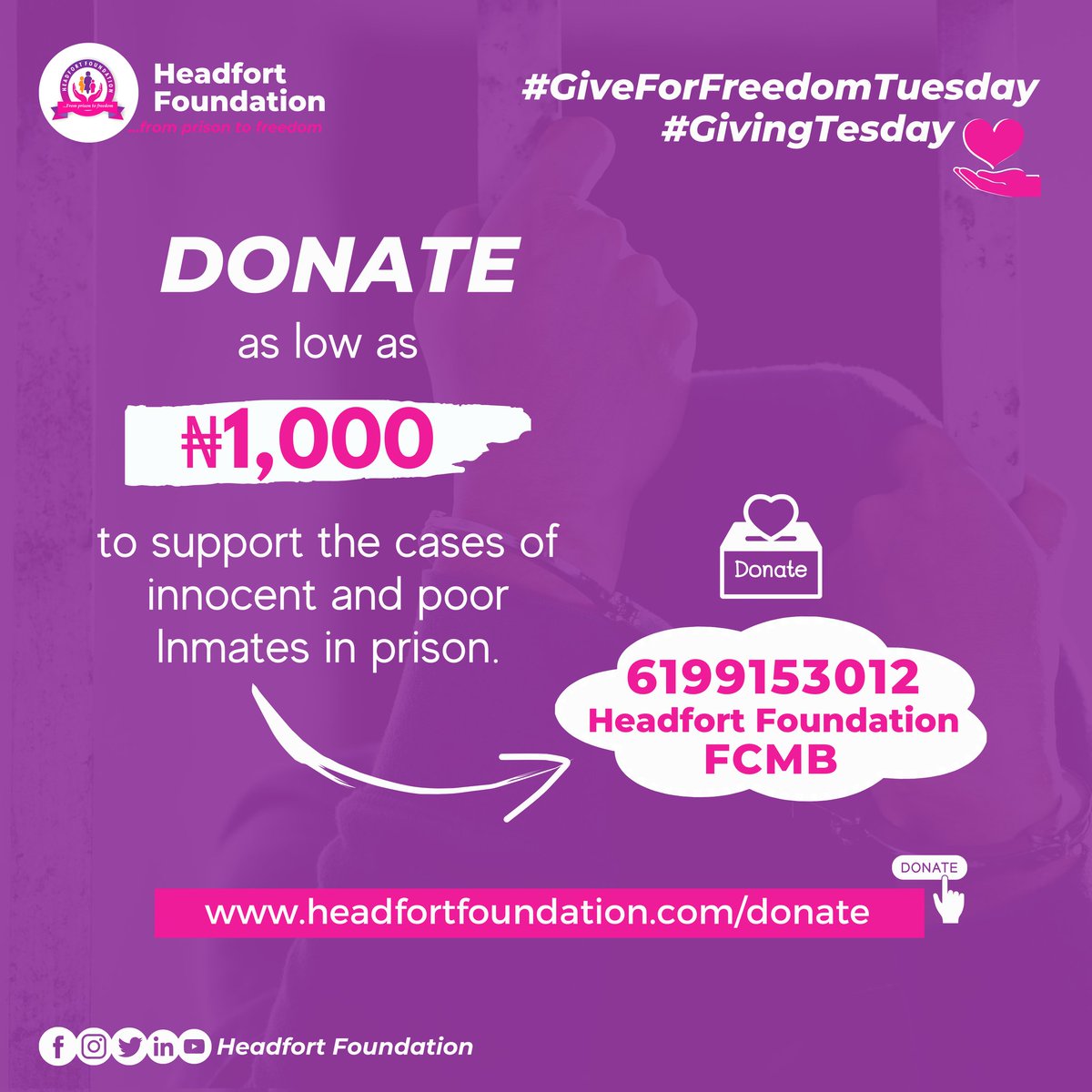 HeadfortF's tweet photo. #GiveForFreedomTuesday 

Donate as low as ₦1,000 to support the cases of innocent and poor Inmates in prison.

You can donate to; 6199153012, Headfort Foundation, FCMB.

Or via https://t.co/sn5qOKdeE0

#GivingTuesday https://t.co/WRqH9Festv