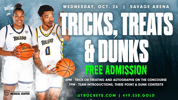 The @ToledoRockets will host its annual men’s and women’s basketball preview event, “Tricks, Treats and Dunks,” presented by UTMC, on tomorrow in Savage Arena at 6 p.m. Admission is free. ➡️ myut.link/hqz