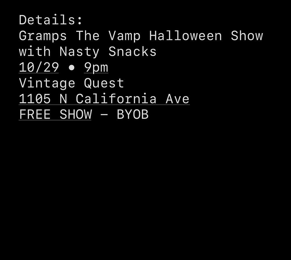 moving our halloween show this saturday 10/29 from The Hideout to Vintage Quest! free/ byob / limited capacity! LFG 🧛🏼‍♂️🧟🧙‍♂️💀👻