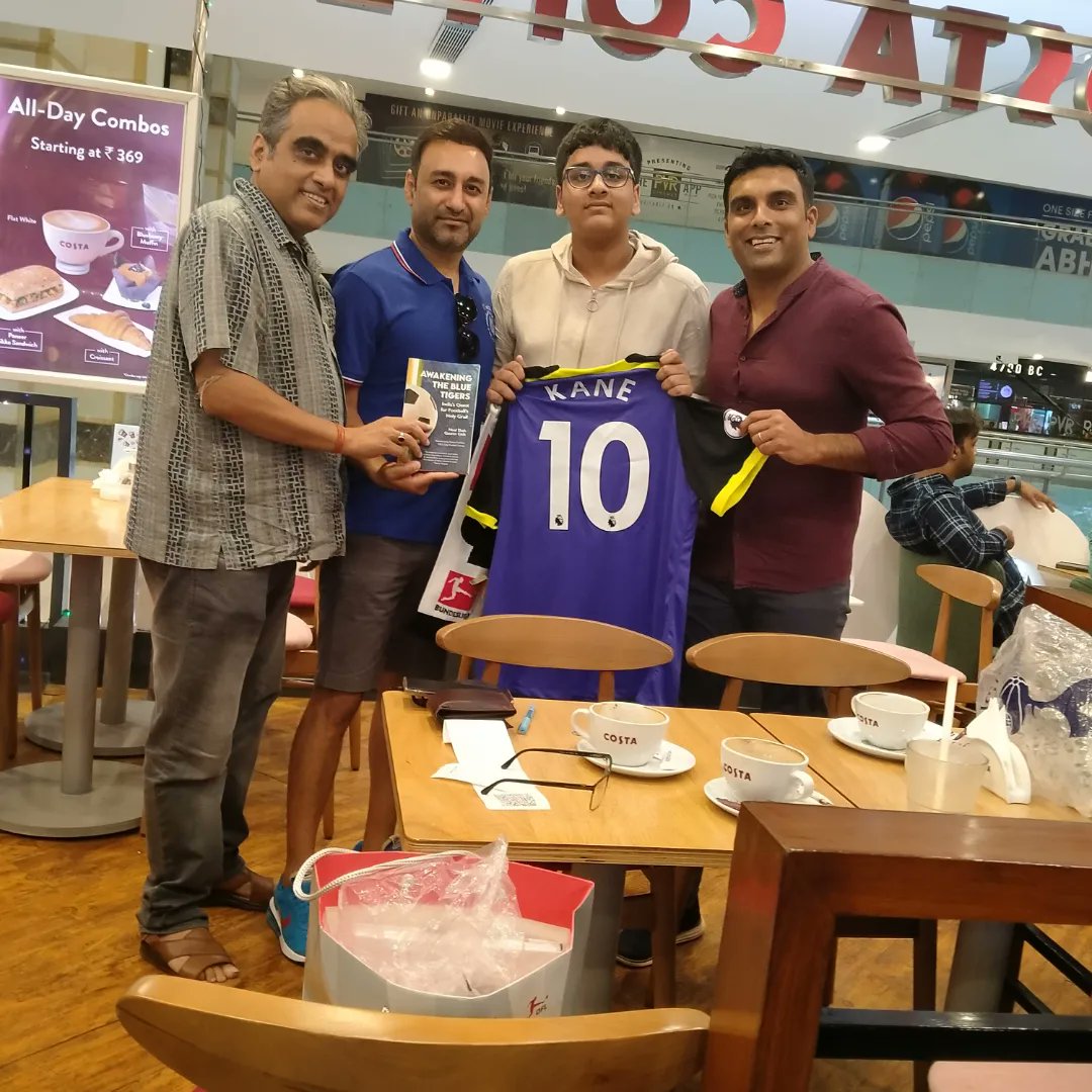 Meeting @Neel_India10 and @Gala_79 with the book #AwakeningTheBlueTigers at @ombooksdelhi And at @CostaCoffee with Shashwata whose prodding kicked off the idea for the book. His Diwali made with a @HKane no 10 @SpursOfficial jersey and @Bundesliga_EN trinkets as gift @ajaymago